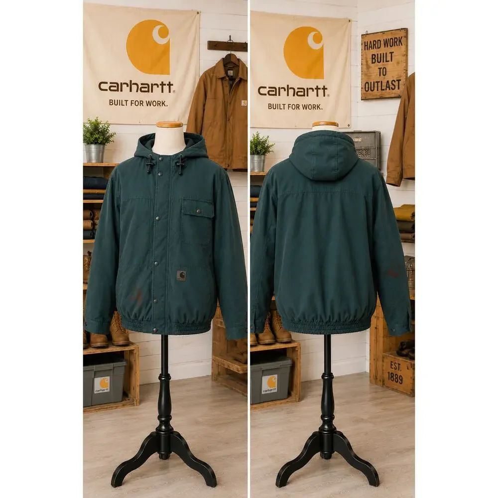 Vintage Carhartt Hooded Work Chore Jacket Green Distressed Workwear Coat XXL